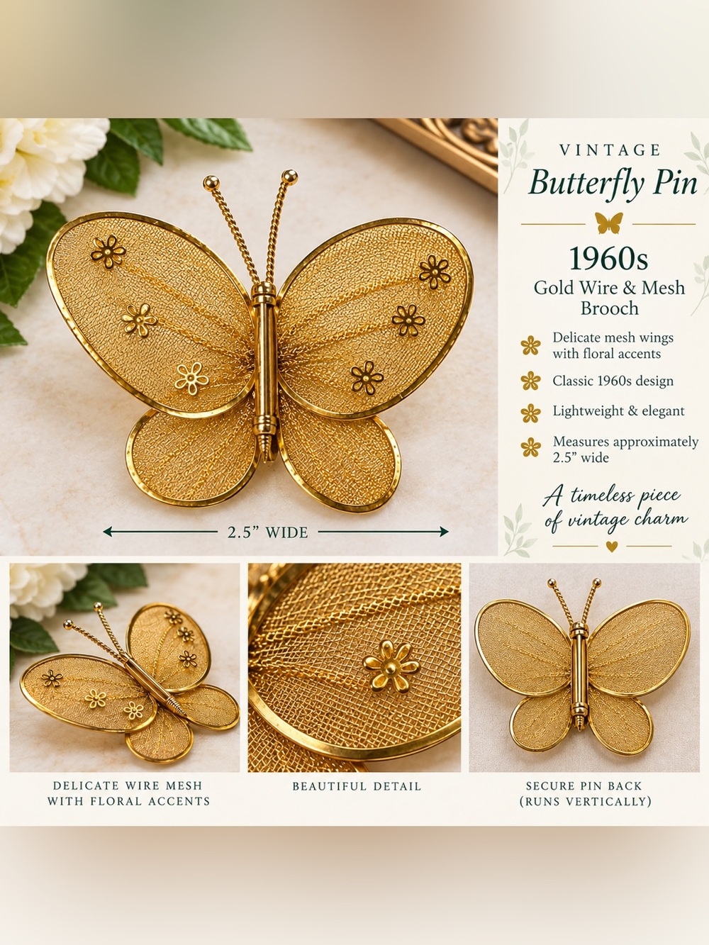 Gold Butterfly Wire Mesh Brooch - Elegant Women's Accessory